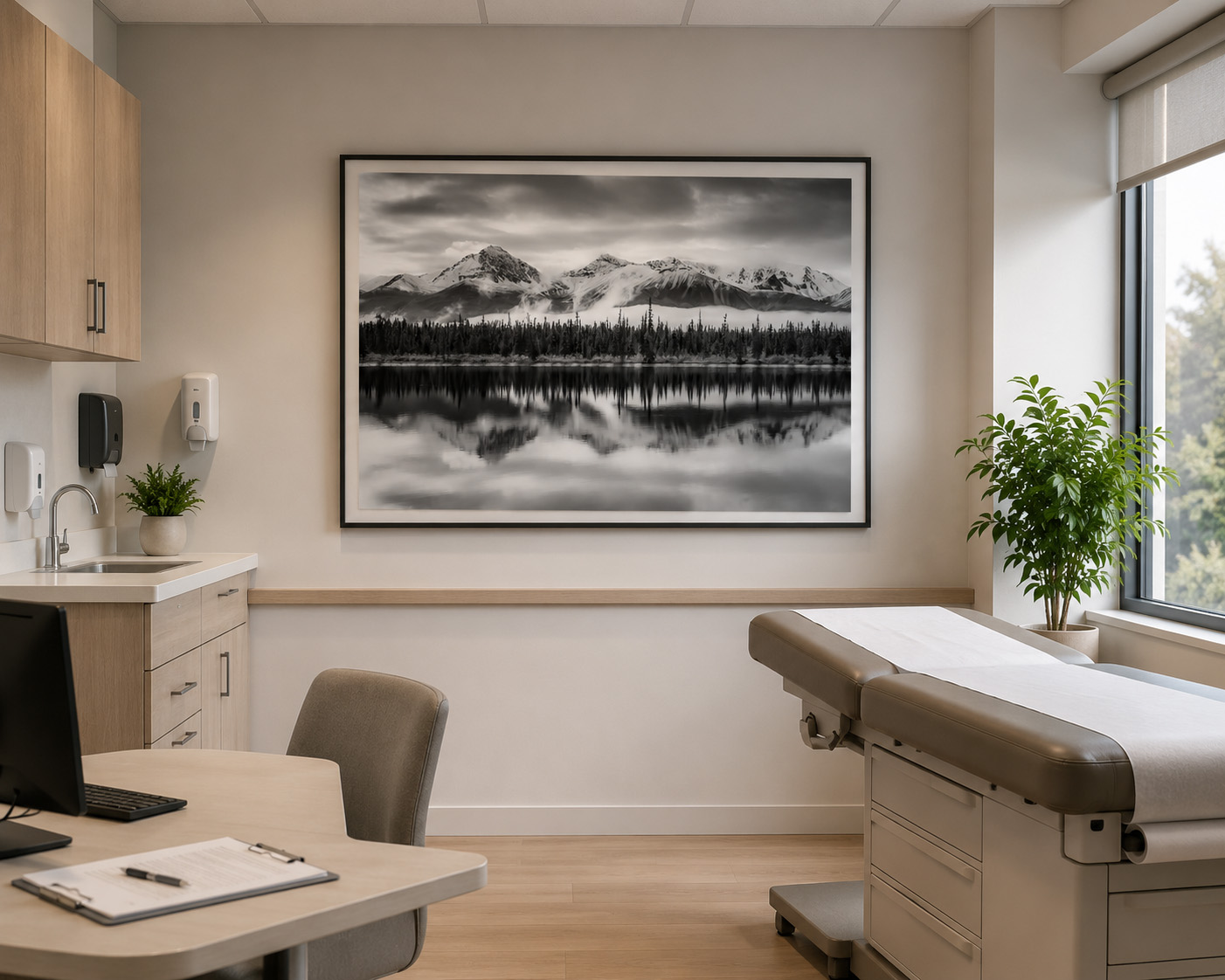 Healthcare consultation room with black and white mountain reflection photography by Dan Sproul